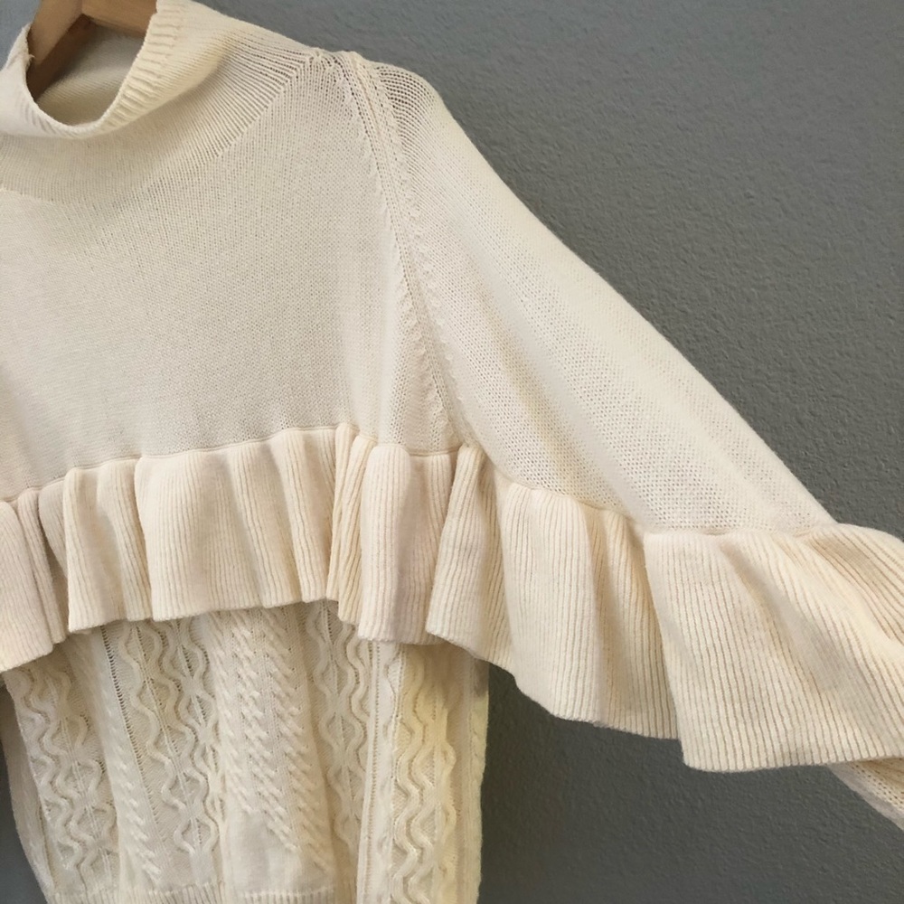 Nadam Mock Neck Ruffle Cable Knit Sweater M Ivory - Picture 5 of 7